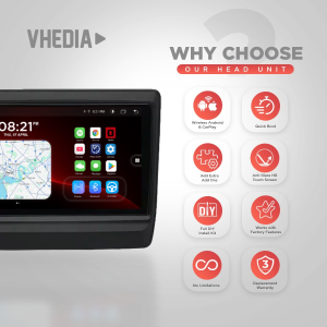 VHEDIA head unit marketing image showing a car head unit with home screen and map, plus 8 feature icons on the right labeled (Wireless Android & CarPlay, Quick Boot, Add Extra Add Ons, Anti Glare HD Touch Screen, Full DIY Install Kit, Works with Factory Features, No Limitations, Replacement Warranty).