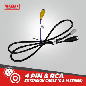 7980a3a7-bdca-444a-aa04-07e3ef79f196 - VHEDIA Product image of a 4-pin and RCA extension cable with black wiring, yellow connector tip, and a banner reading '4 PIN & RCA EXTENSION CABLE (G & M SERIES)'.