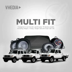 Promotional image for MULTI FIT car audio system for Toyota LandCruiser 70 Series, with large speakers behind three white trucks.