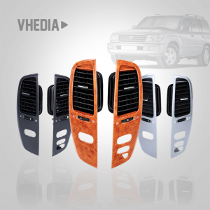 Set of automotive dashboard air vents in wood-grain and dark finishes arranged in a semicircle on a light gray background; faint SUV image and Vhedia logo in the corner (product image).