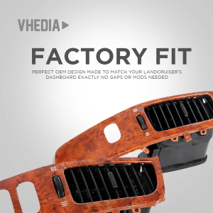 Advert banner promoting factory-fit wood-grain dashboard panels, with VHEDIA logo and 'FACTORY FIT' headline.