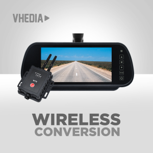 Wireless conversion kit featuring a dashboard display showing an open highway (VHEDIA branding).