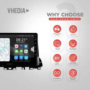 VHEDIA head unit with a touchscreen showing a map on the left and a list of red feature icons on the right side.