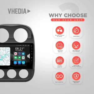 Infographic promoting Vhedia head unit with eight feature icons: wireless Android/CarPlay, quick boot, add-ons, anti-glare touchscreen, DIY install kit, factory features, no limitations, replacement warranty.