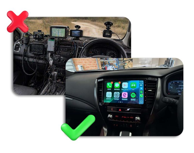 Comparison of two car interiors: cluttered dashboard with many devices (red X) versus clean modern cabin with touchscreen infotainment (green check).