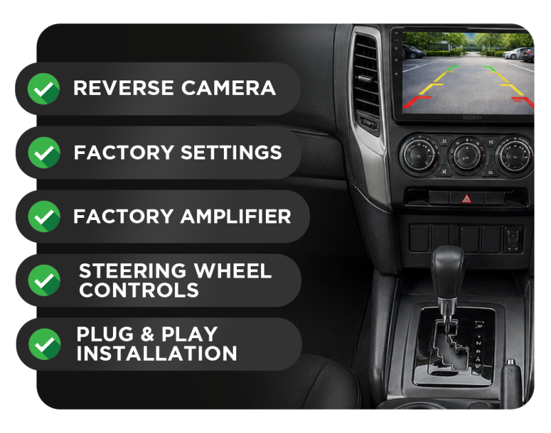 Menu of car features with green checks: Reverse Camera; Factory Settings; Factory Amplifier; Steering Wheel Controls; Plug & Play Installation.