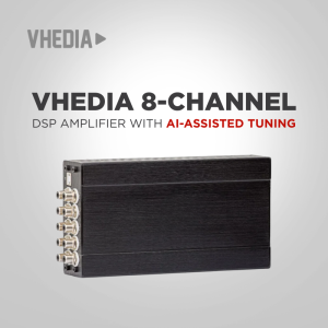 VHEDIA 8-channel DSP amplifier with AI-assisted tuning, shown as a black rectangular chassis with side connectors in view.