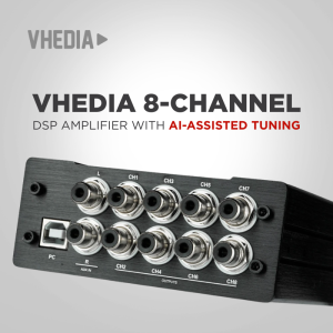 VHEDIA 8-channel DSP amplifier with AI-assisted tuning; panel showing eight channel connectors and PC/AUX inputs against a gradient gray background