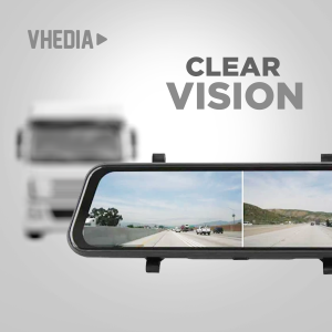 Vhedia logo with the words CLEAR VISION and a car rearview mirror reflecting highway scenes.