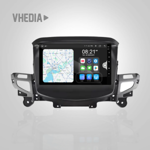 Infotainment head unit showing map and app icons, mounted in a car dashboard.