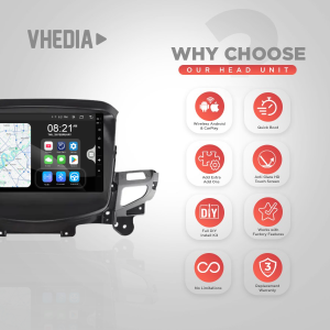 Head unit car stereo with map display and eight feature icons: Wireless Android/CarPlay, Quick Boot, Add-Ons, Anti-Glare touchscreen, DIY install kit, factory features, unlimited options, and warranty (promo image)