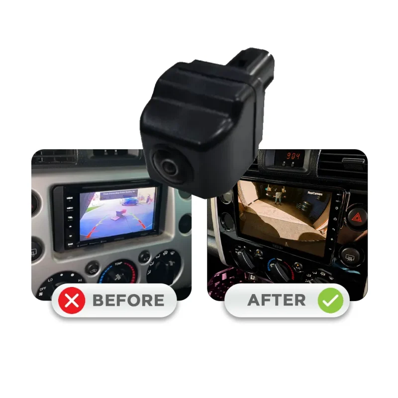 Before/after comparison of a car’s rearview camera display; left shows a basic backup screen, right shows an improved view with a black camera device floating above.