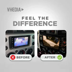 Two car dash screens side by side showing an upgrade: left is the old display labeled 'BEFORE', right is a clearer 'AFTER' display with a green check mark and 'Feel the Difference' banner above.