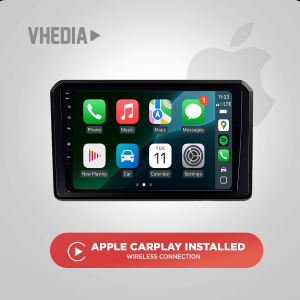 Infotainment screen showing Apple CarPlay with apps; promotional image for wireless CarPlay installation by VHEDIA.