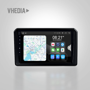 In-car touchscreen infotainment system showing a map on the left and app icons on the right, with the time display at top right.