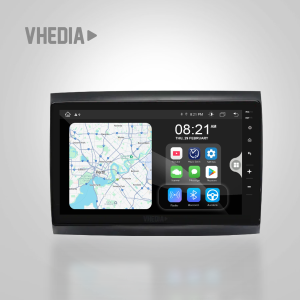 In-dash car navigation touchscreen displaying a map on the left and app icons on the right, with a dark bezel and VHEDIA branding hinting at a multimedia system.