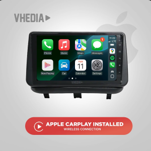 Touchscreen car infotainment unit showing Apple CarPlay icons; red banner reads 'APPLE CARPLAY INSTALLED' (WIRELESS CONNECTION).
