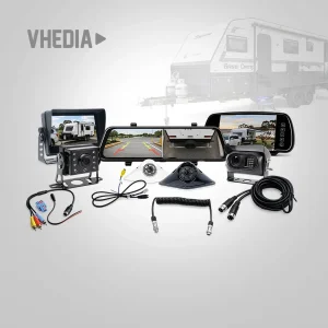 RV camera system with multiple displays showing front, rear, and side views, plus cables and mounting hardware.