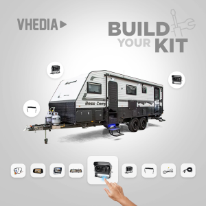 Interactive 'build your kit' screen showing a travel trailer with circular component icons around it and a hand selecting a part.