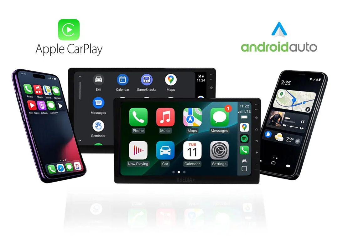 Apple CarPlay and Android Auto logos appear above overlapping car infotainment screens showing Apple and Android car interfaces under a white background.
