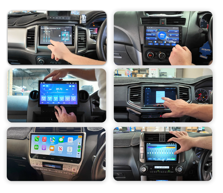 Person touching a car's center touchscreen displaying an app grid in the dashboard