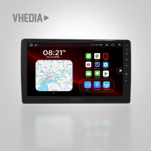 In-car infotainment touchscreen showing a map app and app icons on a dark background, with VHEDIA branding above.
