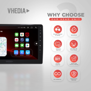 VHEDIA head unit display with app icons on the left and a 'Why Choose Our Head Unit' panel on the right, gray background.