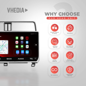Vhedia car head unit on the left with eight feature icons in red circles on the right, listing benefits like Wireless Android & CarPlay, Quick Boot, DIY install, and warranty.