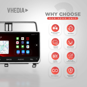 Promotional image of a car head unit with feature icons: Wireless Android & CarPlay, Quick Boot, DIY Install Kit, and more (Vhedia branding).