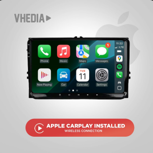 Touchscreen car stereo displaying Apple CarPlay apps (Phone, Music, Maps, Messages) with a promotional red button reading 'APPLE CARPLAY INSTALLED – WIRELESS CONNECTION'