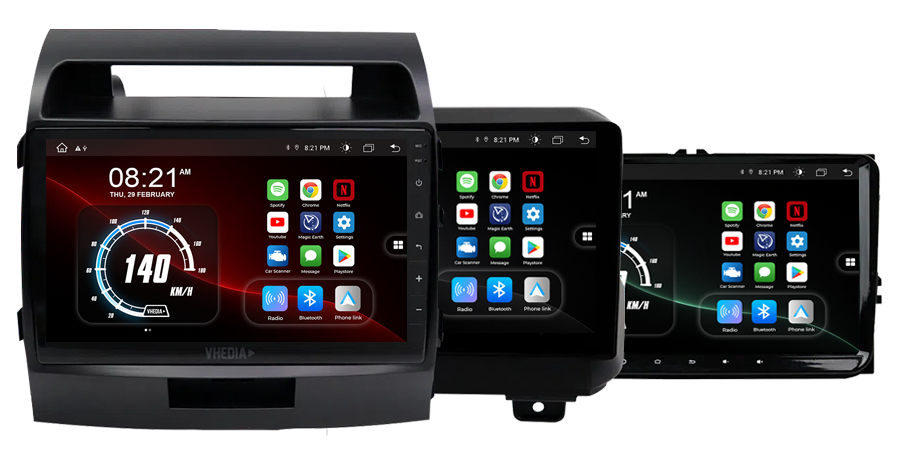 Three car infotainment screens side by side showing app icons and dashboards for a multimedia head unit setup