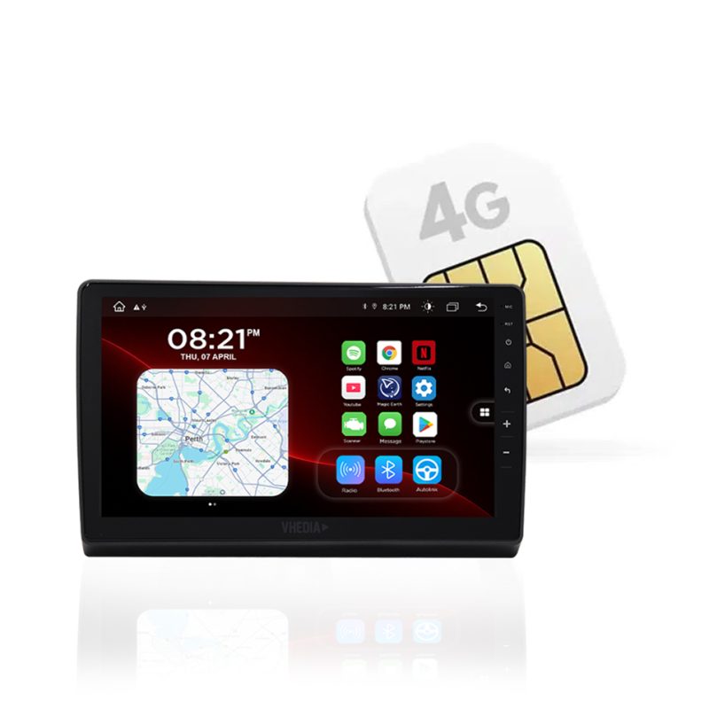 In-car 4G Android infotainment system with map on screen and a SIM card in the background behind the device with a black bezel