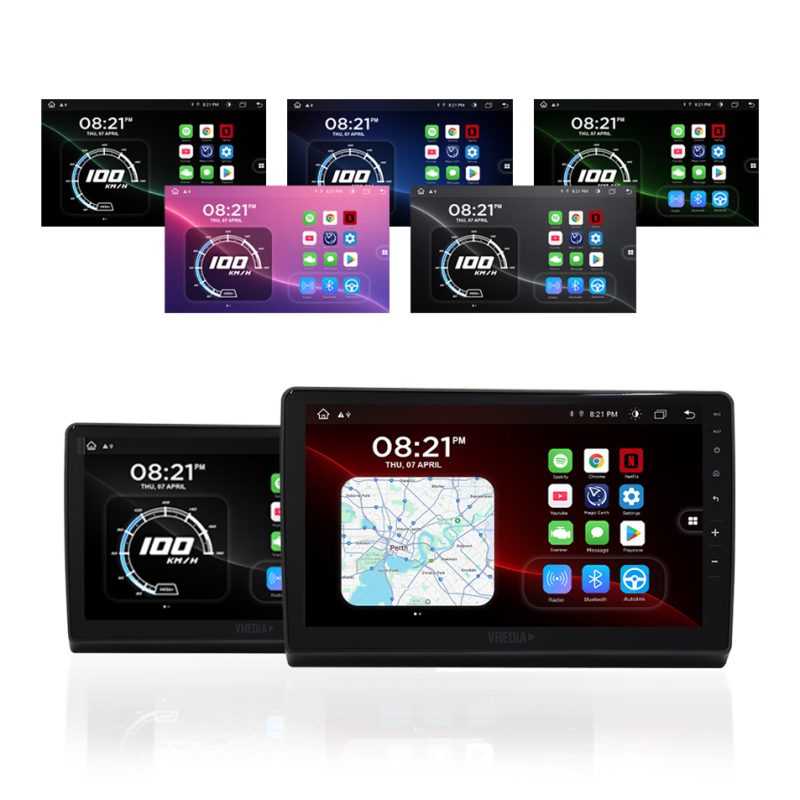 In-car infotainment head unit displaying navigation map and app icons on a large touchscreen and multiple unit images in the background collage.