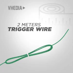 Green 2-meter trigger wire coiled with loop on a gray background, product label reads '2 METERS TRIGGER WIRE'
