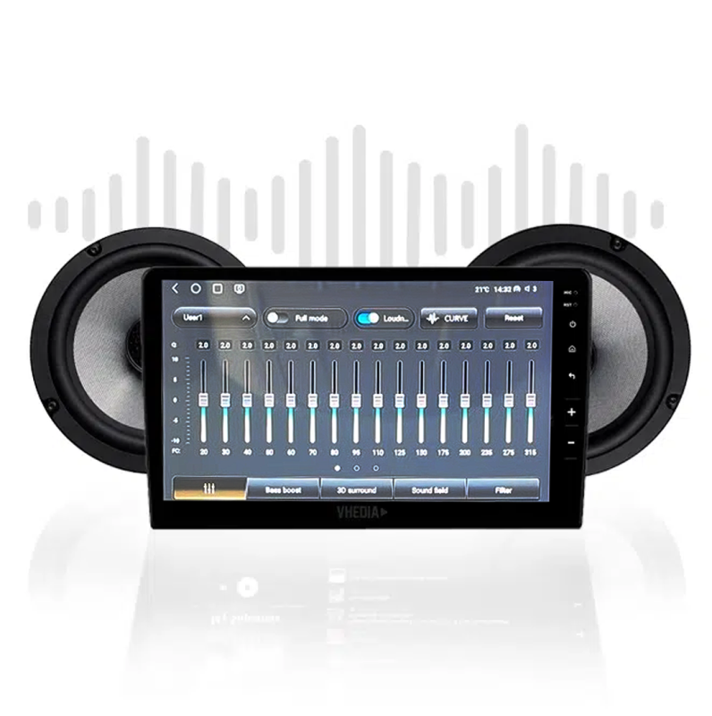Tablet centered between two large black speakers showing an audio mixer app with multiple vertical sliders on screen.