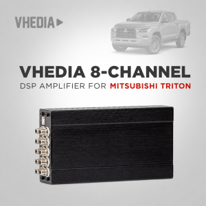 Vhedia 8-channel DSP amplifier for Mitsubishi Triton, shown as a black multi-channel audio amp under a faded truck graphic.