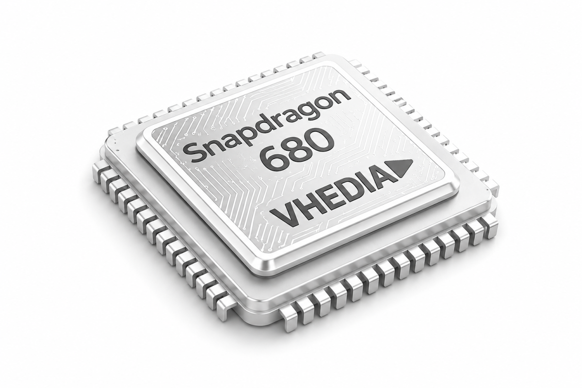Close-up of a silver Snapdragon 680 microprocessor with circuit patterns and the text 'VHEDIA' embossed on its surface.