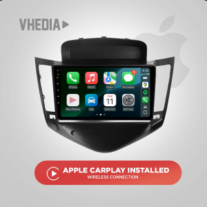 Promotional image showing a car infotainment screen displaying Apple CarPlay apps, advertising wireless CarPlay installation.
