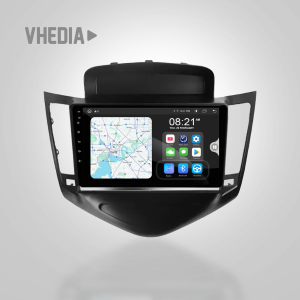 Car infotainment touchscreen on a vehicle dashboard showing a navigation map and app icons.