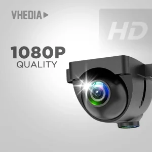Security camera lens with 1080p quality text and Vhedia branding on a gray background.