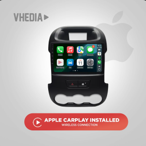 Car stereo head unit displaying Apple CarPlay home screen with a red banner reading 'Apple CarPlay Installed — Wireless Connection'