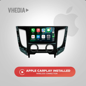 In-dash touchscreen displaying Apple CarPlay on a car stereo, with a large red 'Apple CarPlay Installed' banner below.