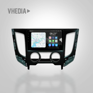 Infotainment touchscreen embedded in a car dashboard, displaying a navigation map and app icons.