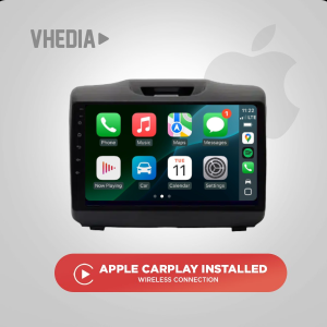 Infographic-style image showing an in-car infotainment screen labeled 'Apple CarPlay Installed' with a red rounded button below reading 'Apple CarPlay Installed' and 'Wireless Connection' caption.