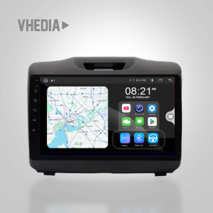 Car infotainment touchscreen showing a GPS map on the left and app icons on the right in a vehicle cockpit
