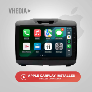 Car infotainment head unit showing Apple CarPlay, with a red rounded CTA button: 'APPLE CARPLAY INSTALLED' and 'WIRELESS CONNECTION' label beneath.