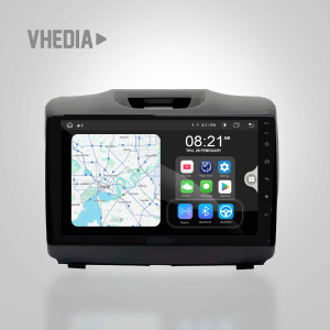 Car navigation head unit showing map on the left and app icons on the right.