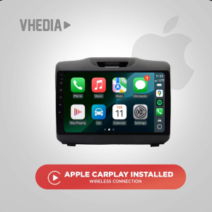 In-car touchscreen displaying Apple CarPlay apps with a red banner beneath reading 'Apple CarPlay Installed' and 'Wireless Connection'.