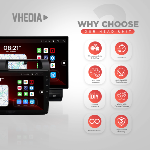 Vhedia head unit promo highlighting Wireless Android & CarPlay and Quick Boot features.
