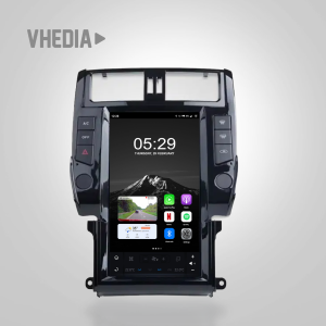 Aftermarket car infotainment touchscreen in a glossy black dashboard with app icons on screen.